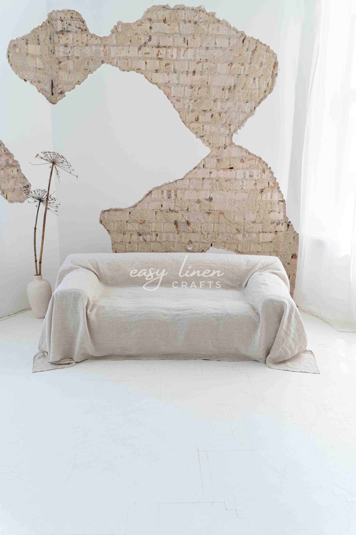 Linen couch cover in Natural Light color. Custom sizes available