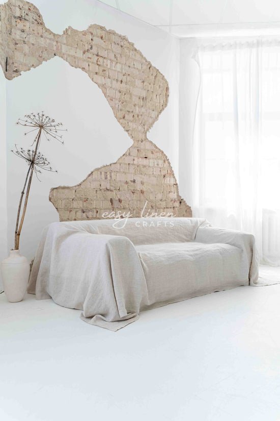 Linen couch cover in Natural Light color. Custom sizes available