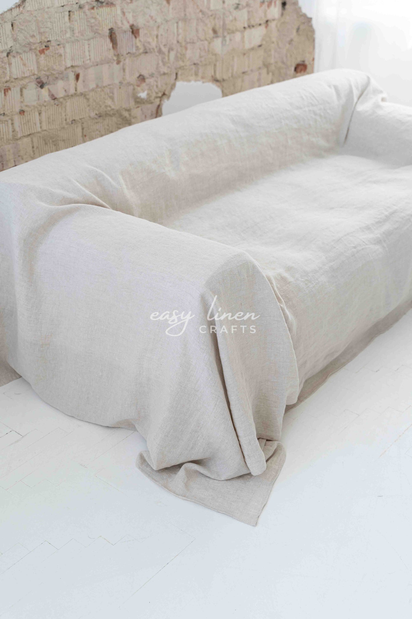 Linen couch cover in Natural Light color. Custom sizes available