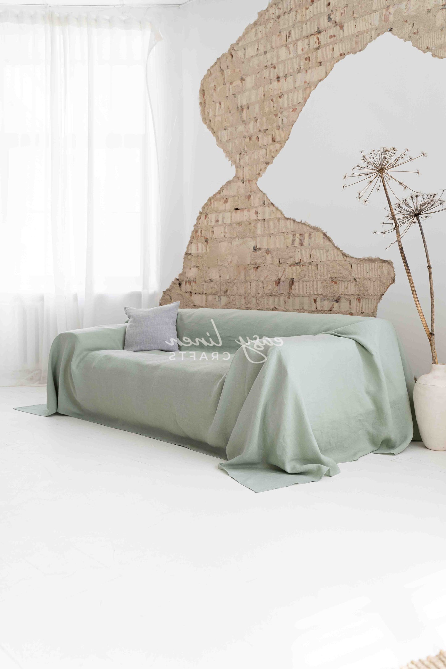 Linen couch cover in Sage Green color. Custom sizes available