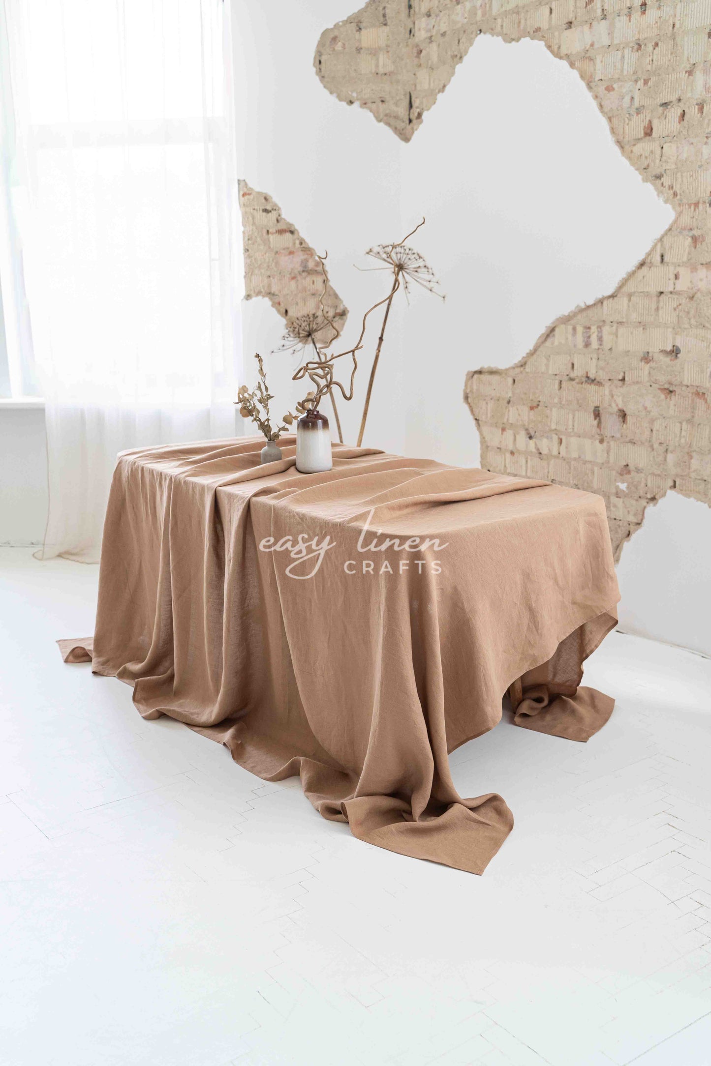 Linen tablecloth in Camel Brown color