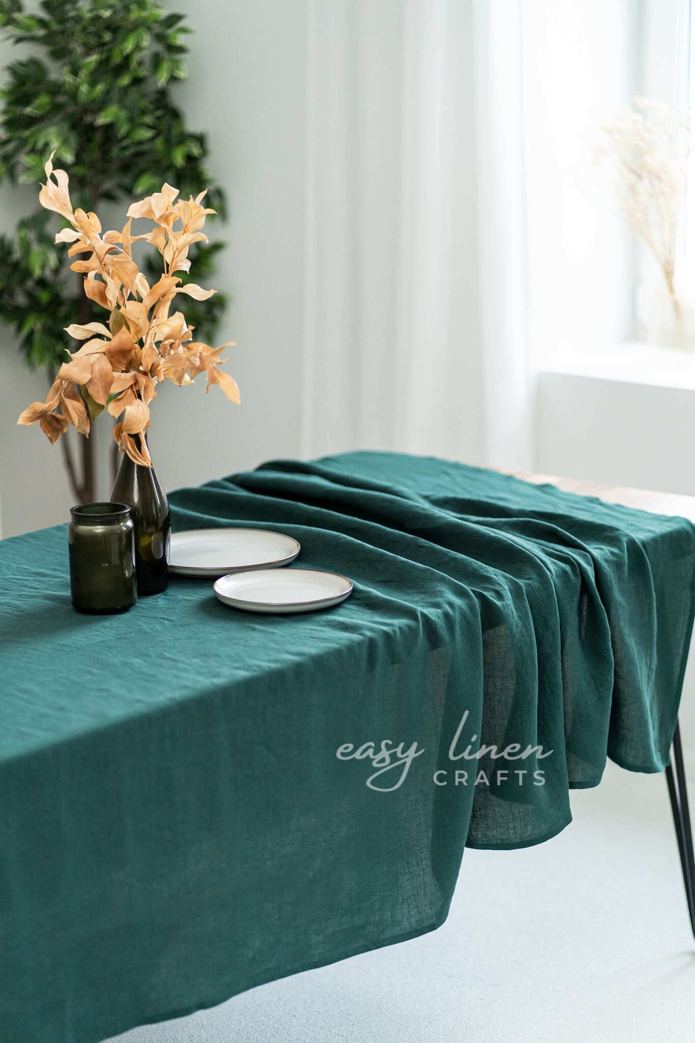 Linen tablecloth in Emerald Green color. Custom sizes available