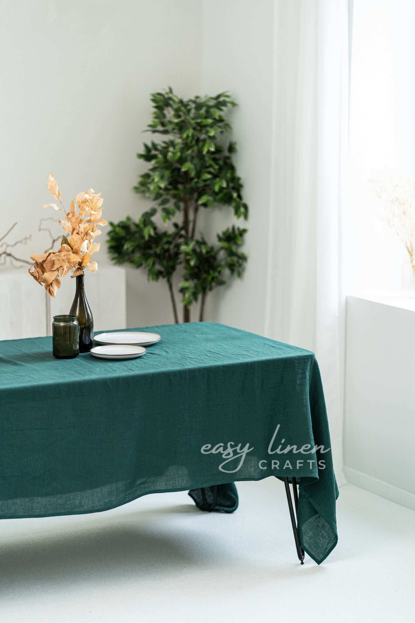Linen tablecloth in Emerald Green color. Custom sizes available