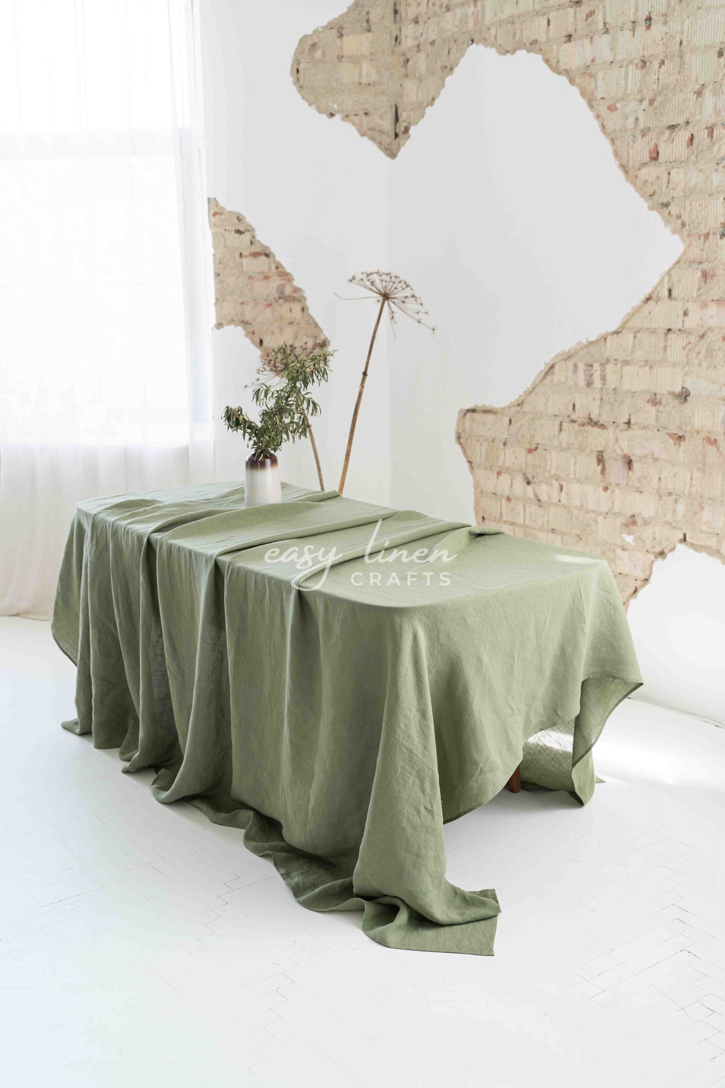 Linen tablecloth in Khaki Green color