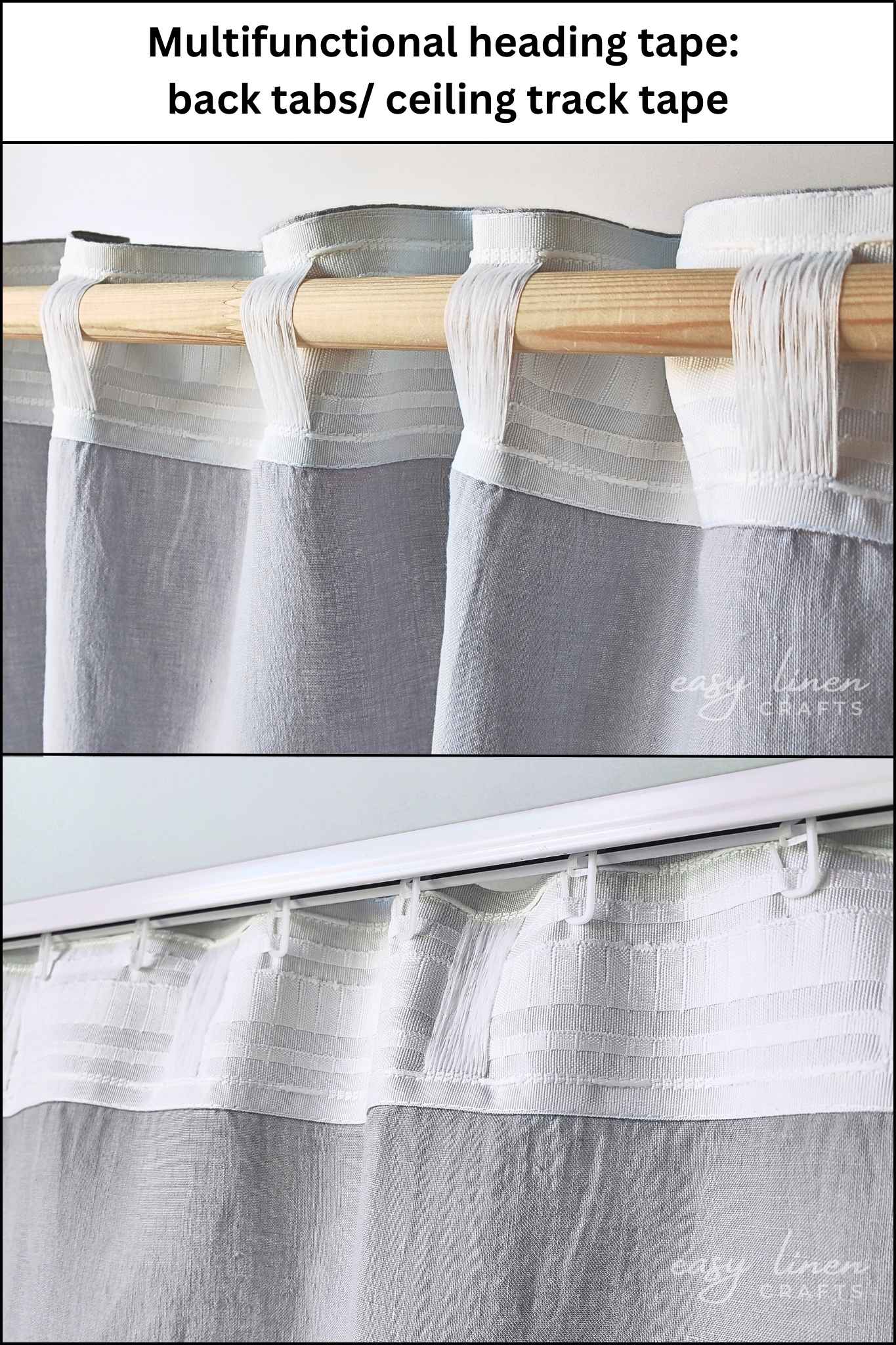 Multifunctional heading tape used on a curtain with text indicating its use for back tabs and ceiling track.