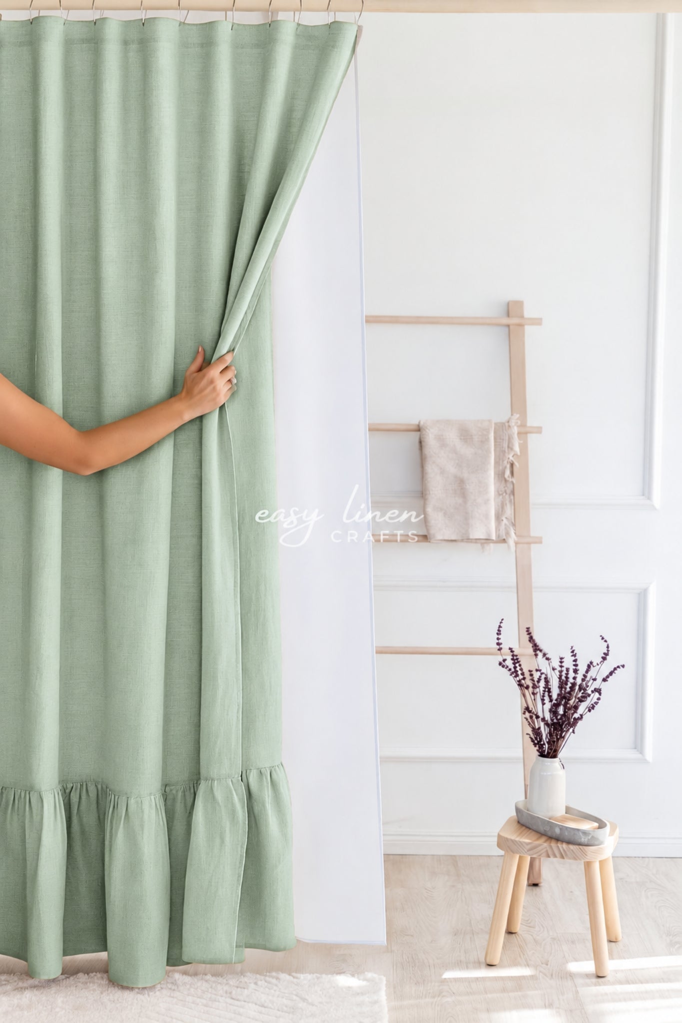 Ruffled linen shower curtain with waterproof liner in Sage Green color. Custom sizes available