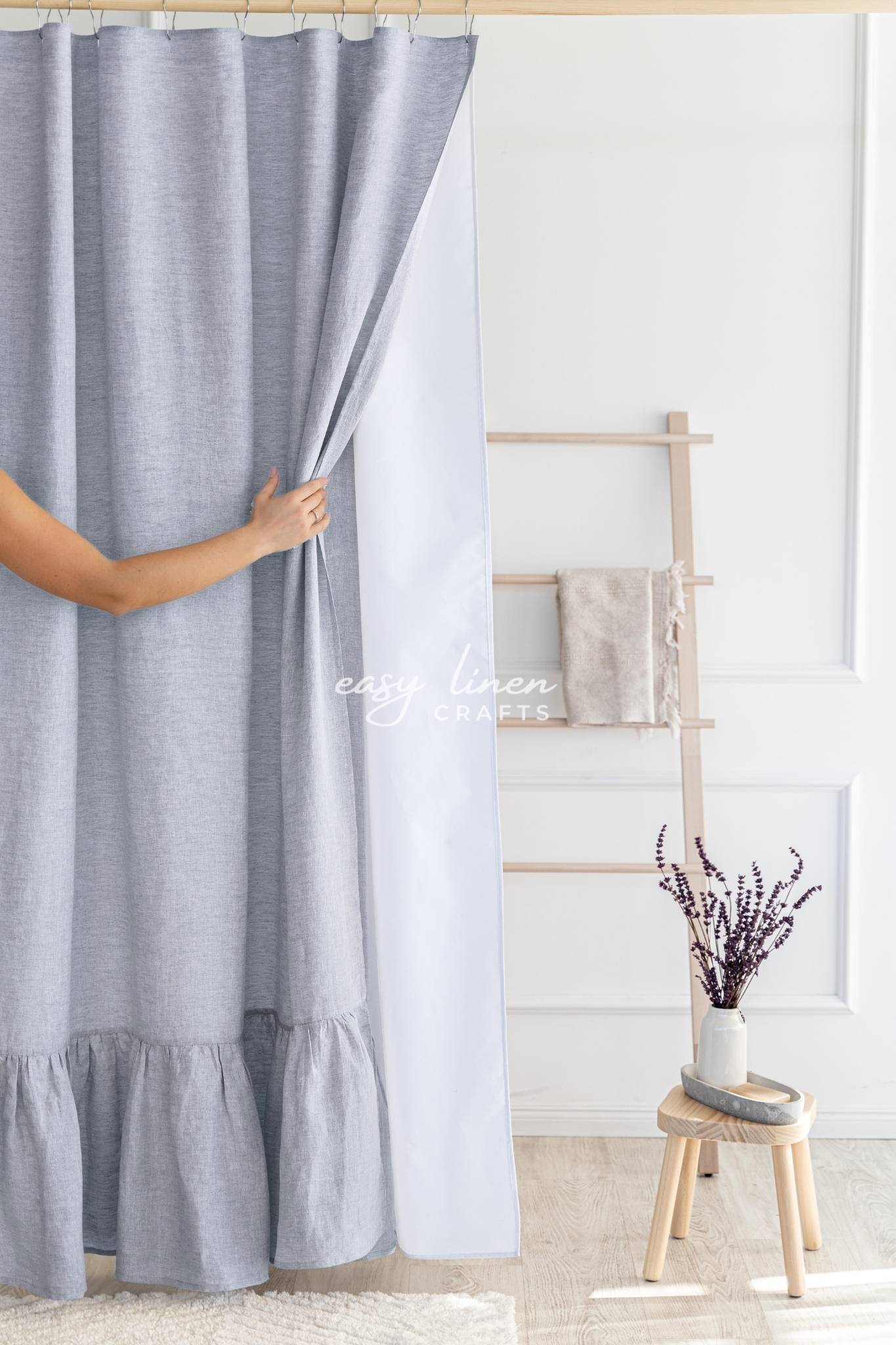 Ruffled linen shower curtain with waterproof liner in Melange Gray color