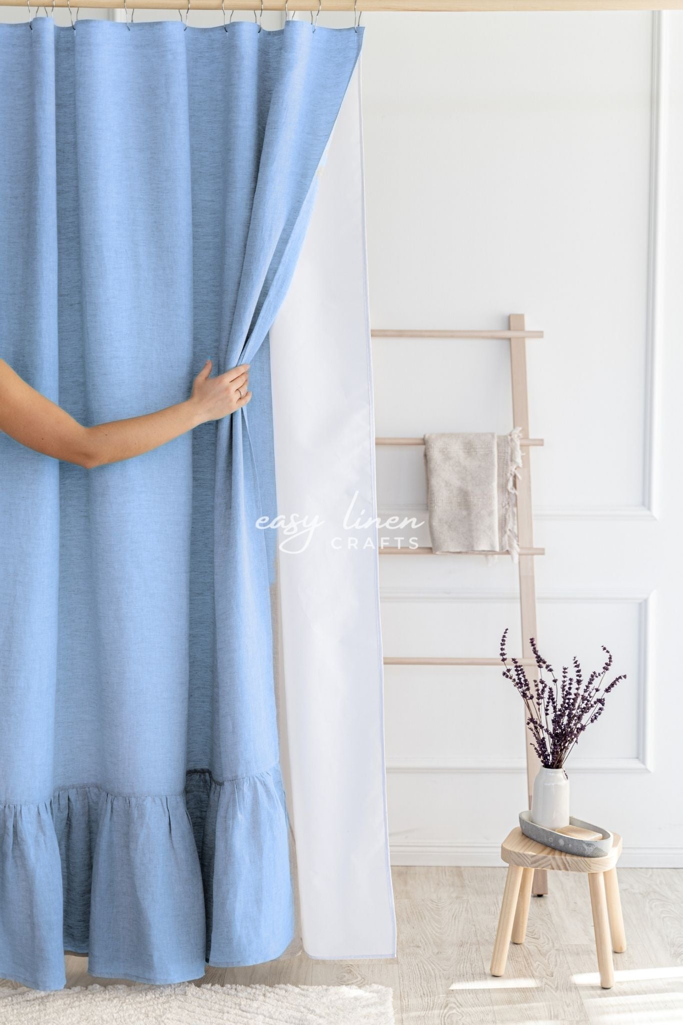 light blue linen shower curtain with waterproof liner and ruffled bottom