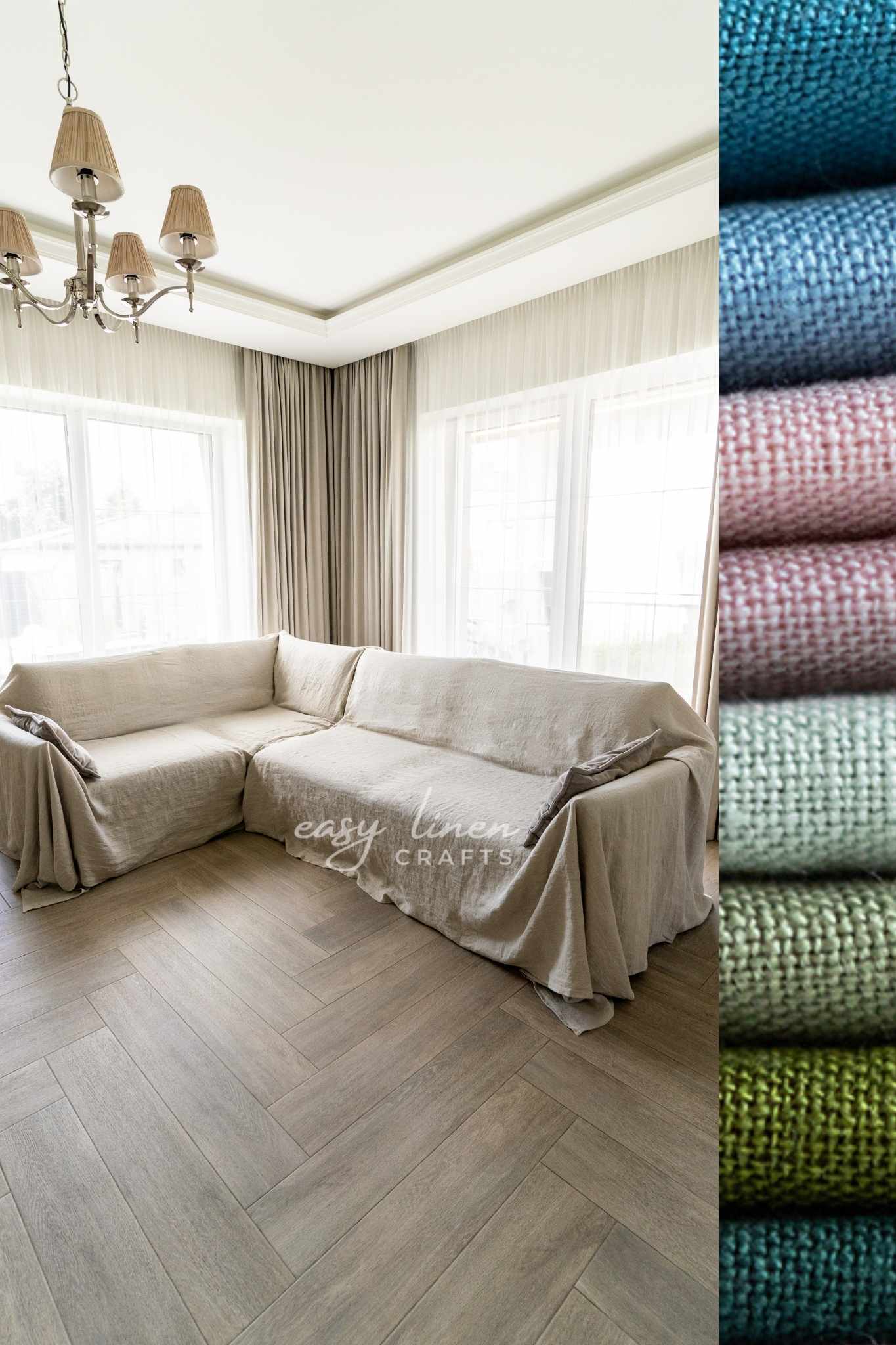 Beige sectional sofa with a matching cover in a room with large windows and a chandelier.