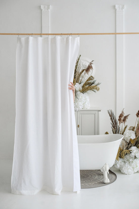 luxurious white linen shower curtain panel with waterproof lining