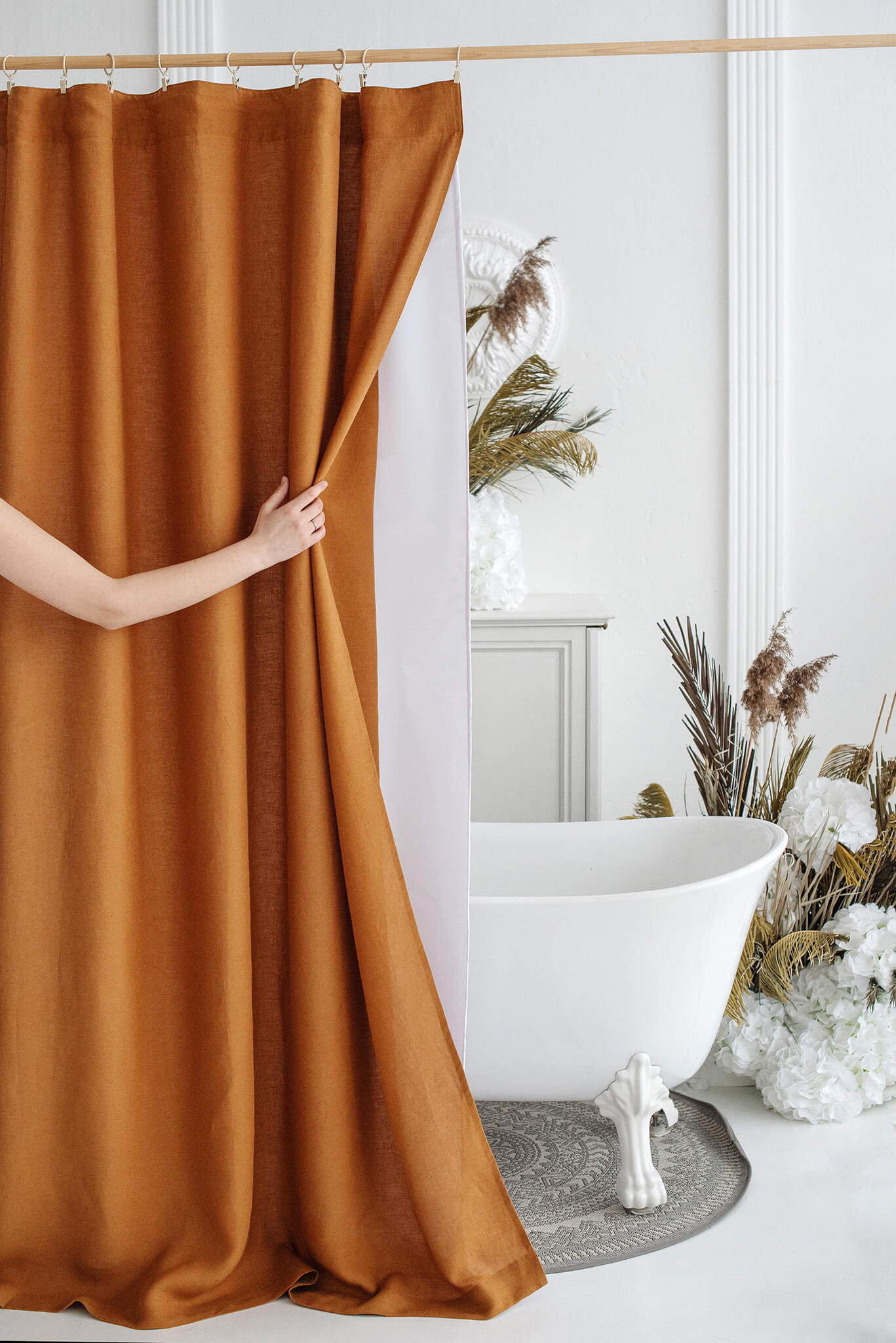 Amber Orange waterproof linen shower drape