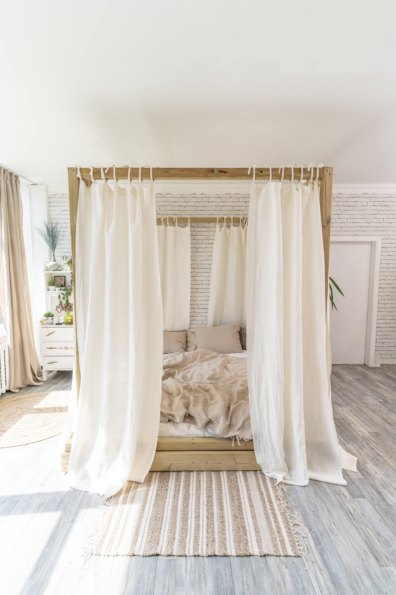 Canopy bed linen curtain panel with ties in Off White color (1pcs)