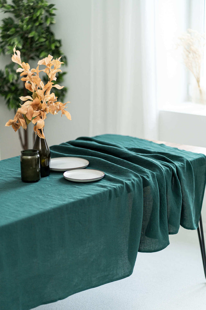 Linen tablecloth in emerald green color