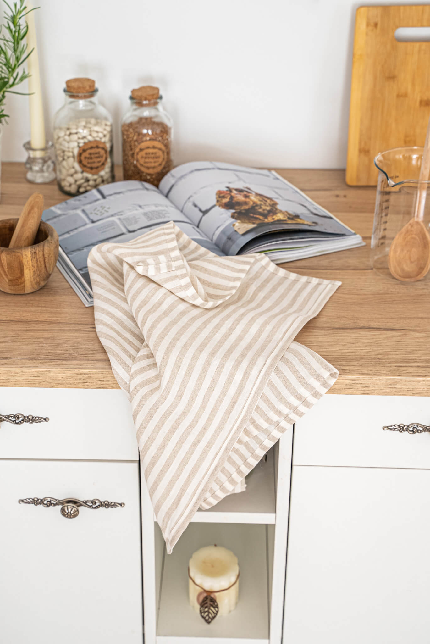 Natural Stripe Linen Hand Towels (Set of 2)