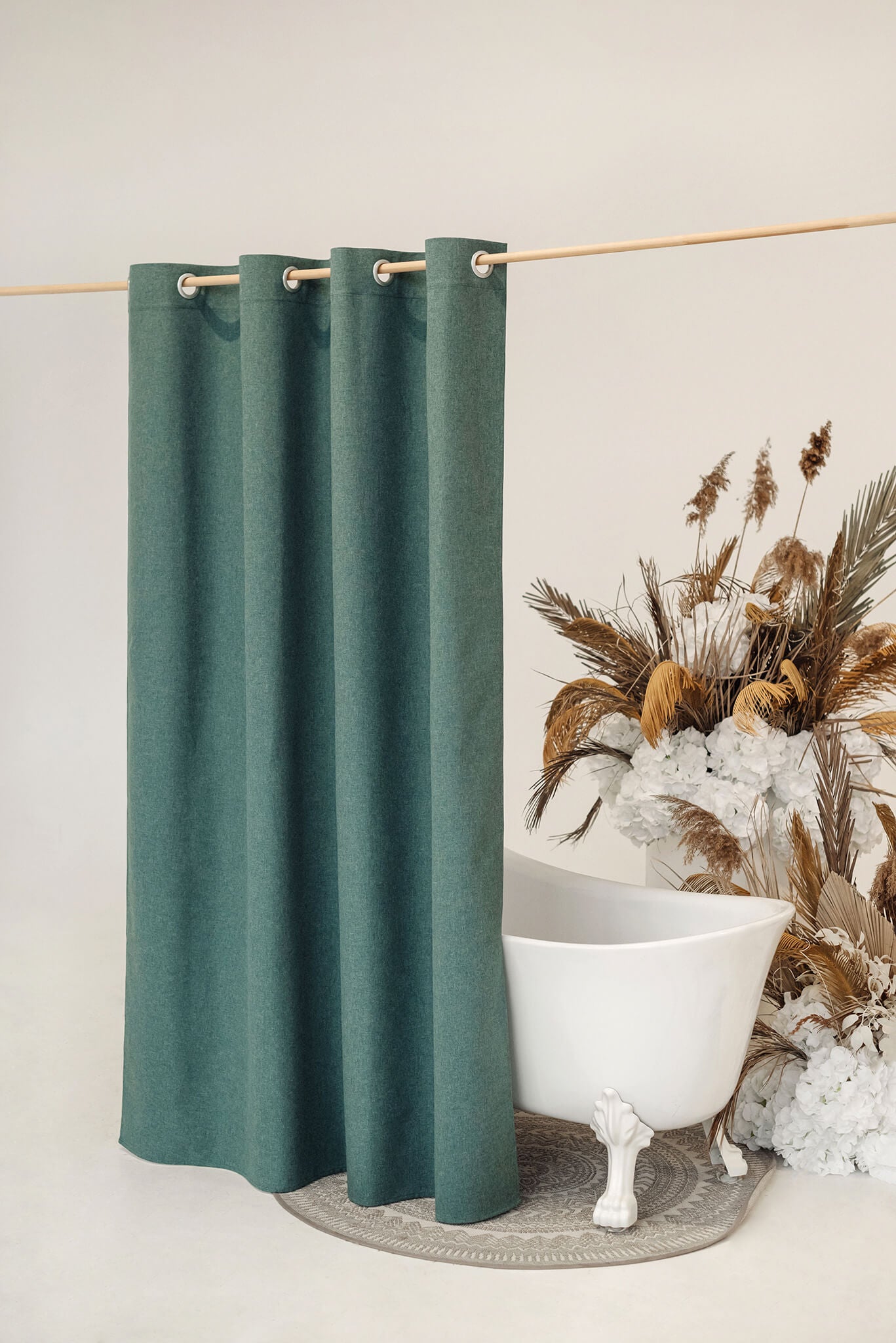 Green waterproof shower curtain panel with grommets for rod