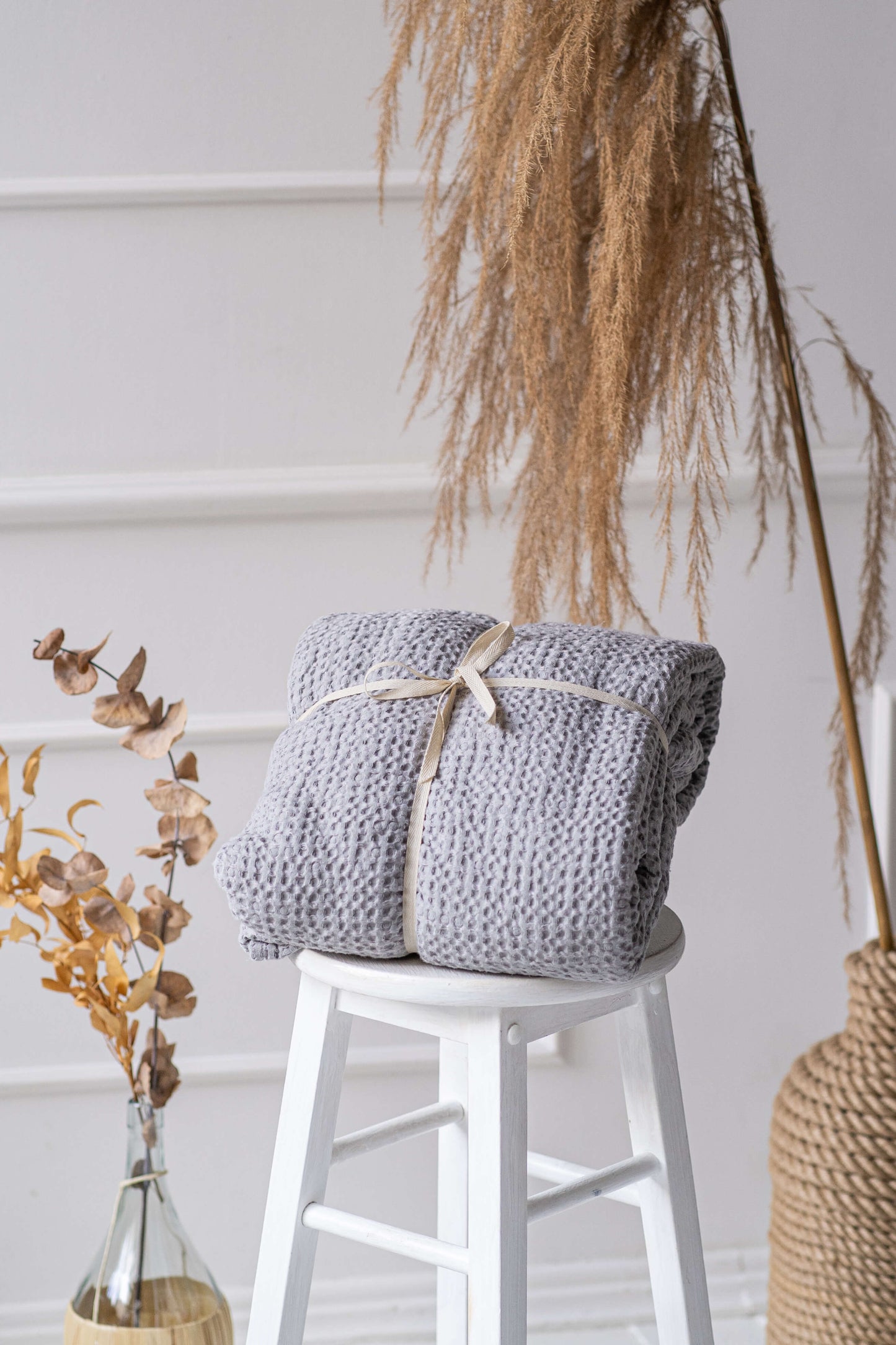 Large waffle blanket throw in Light Gray color