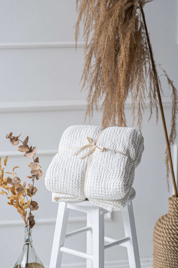 Large linen waffle blanket in Milky White color