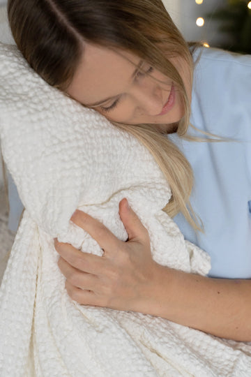 Large linen waffle blanket in Milky White color