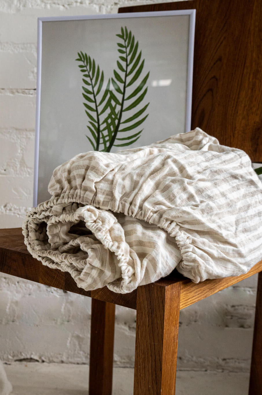 Linen fitted sheet in Striped Natural color