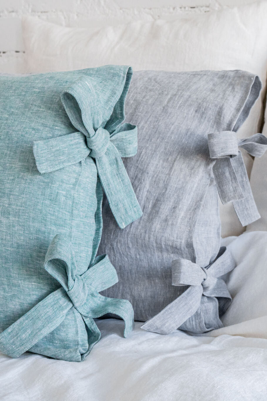Linen pillow cover with ribbon ties in various colors