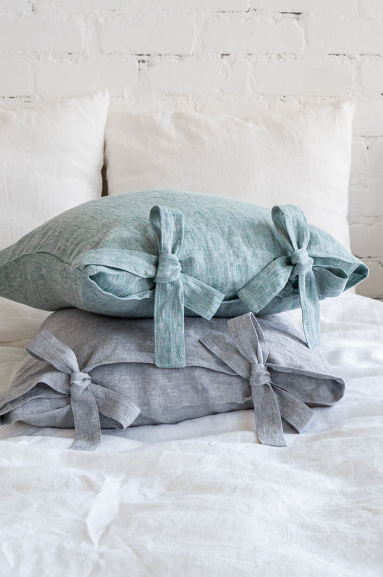 Linen pillow cover with ribbon ties in various colors