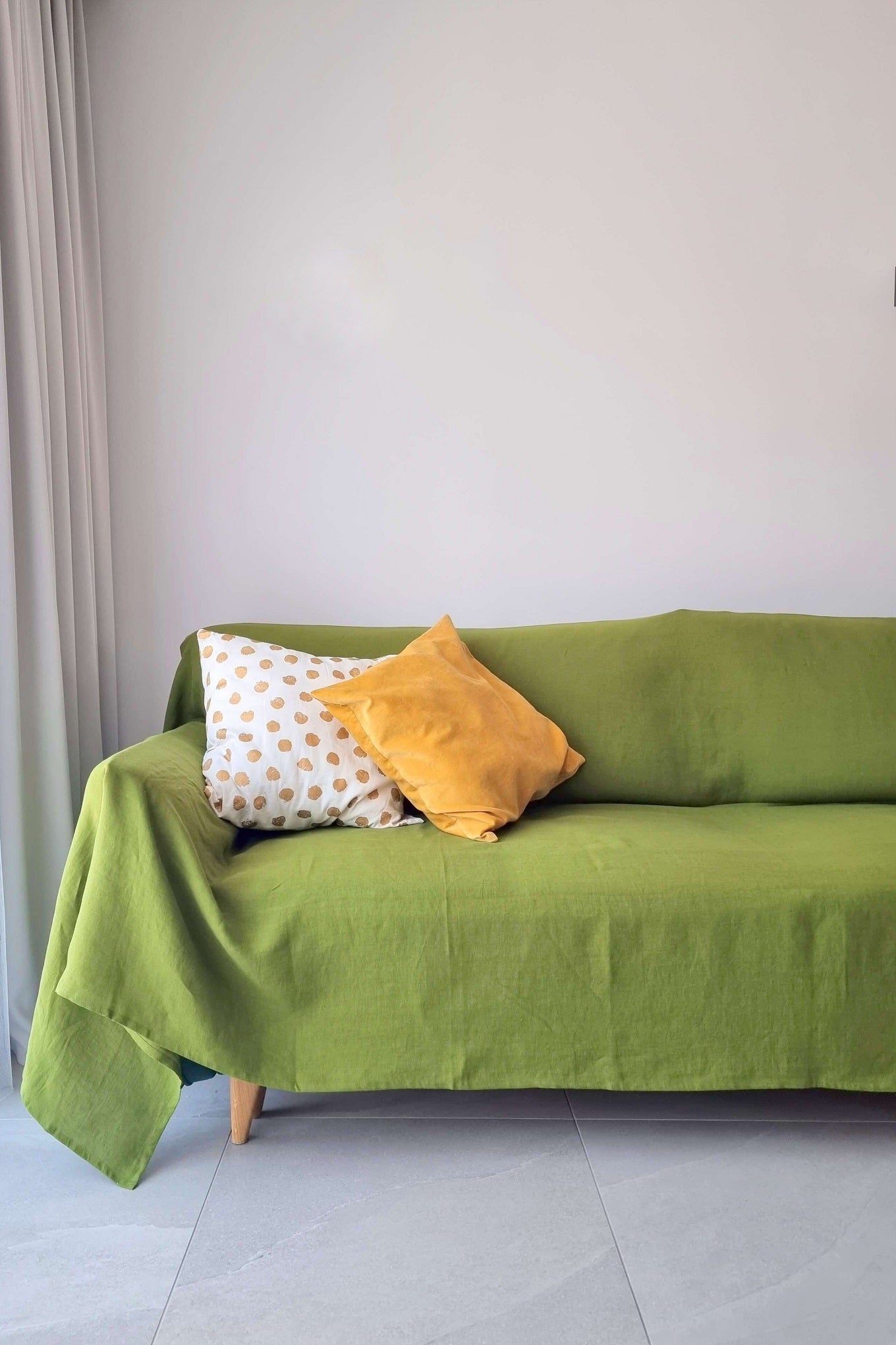 Linen sofa cover in Moss Green color