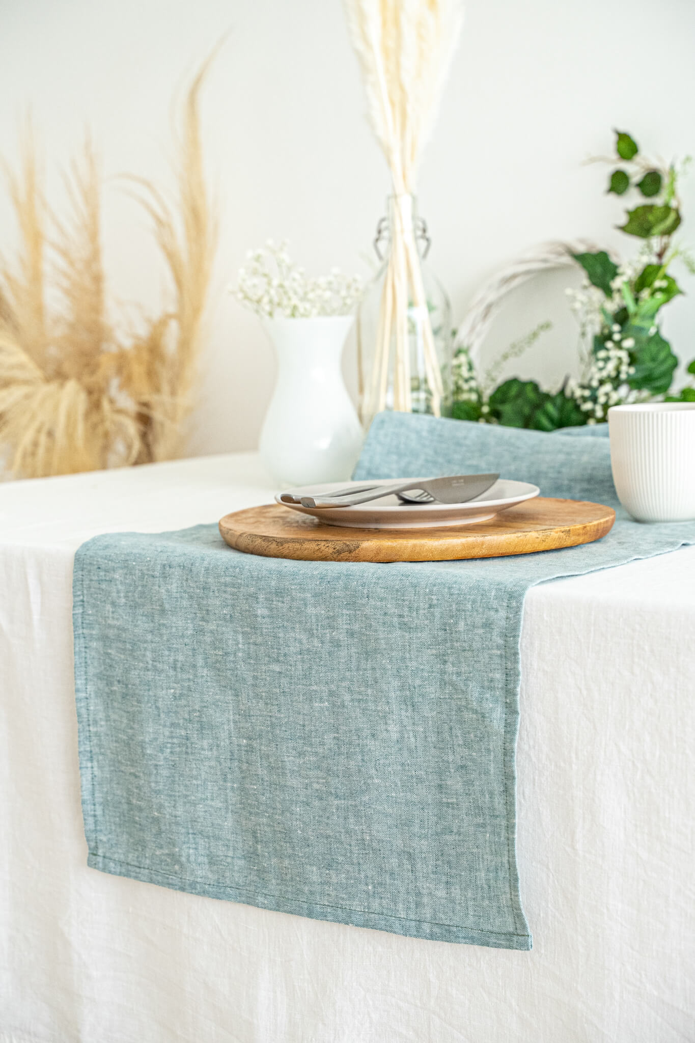 Linen table runner in Melange Green color