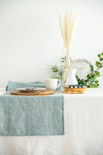 Linen table runner in Melange Green color