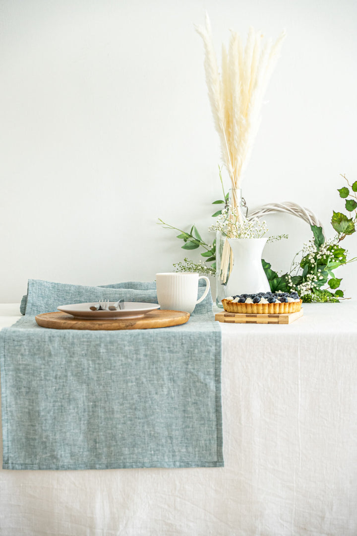 Linen table runner in Melange Green color