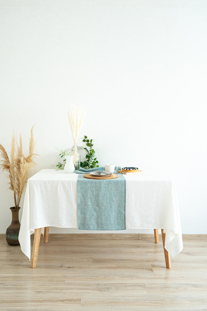 Linen table runner in Melange Green color
