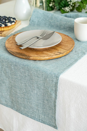 Linen table runner in Melange Green color