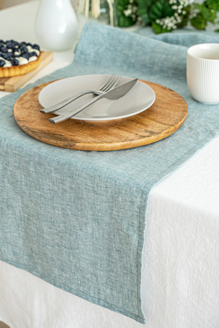 Linen table runner in Melange Green color