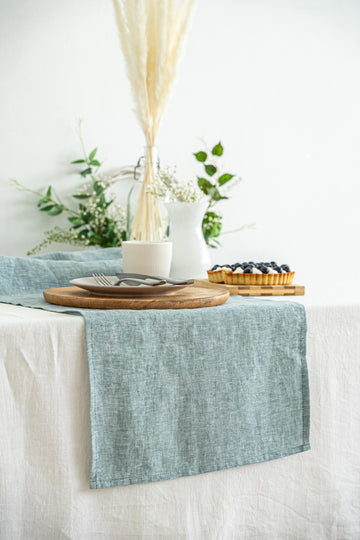 Linen table runner in Melange Green color