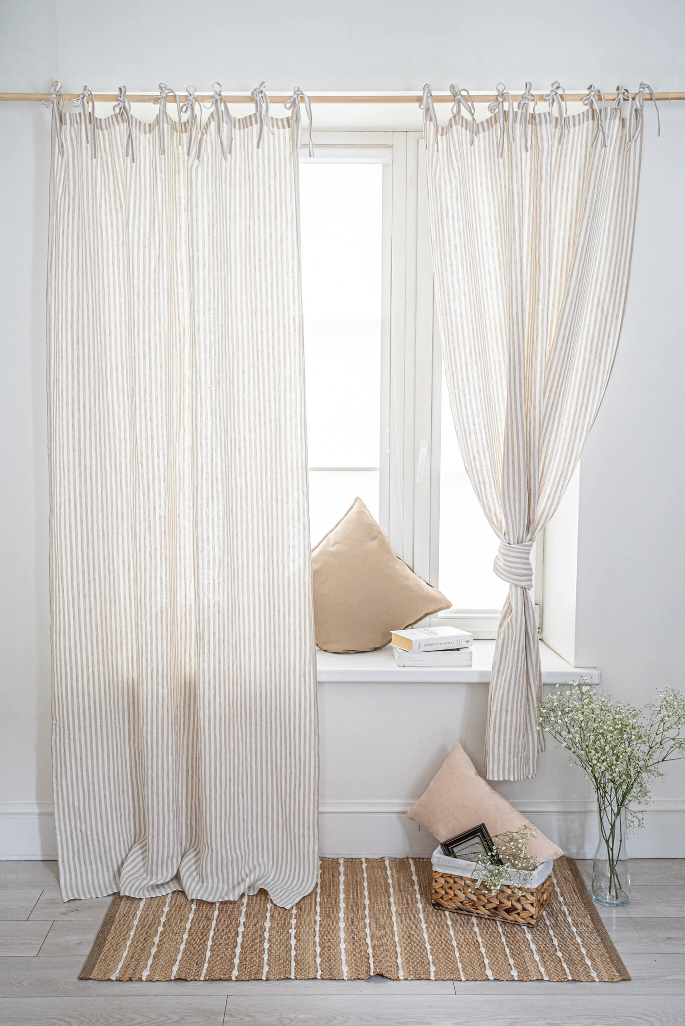 Set of 2 tie top linen curtain panels in various colors (1 pair)