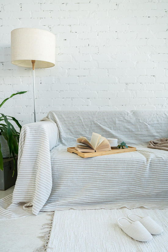 Striped Natural linen couch cover