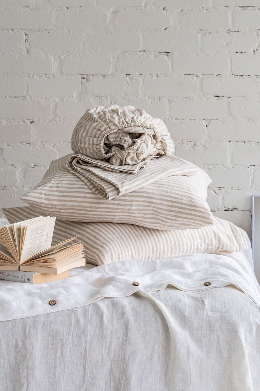 Linen sheets set in Striped Natural color: linen fitted sheet, linen flat sheet and 2 linen pillowcases