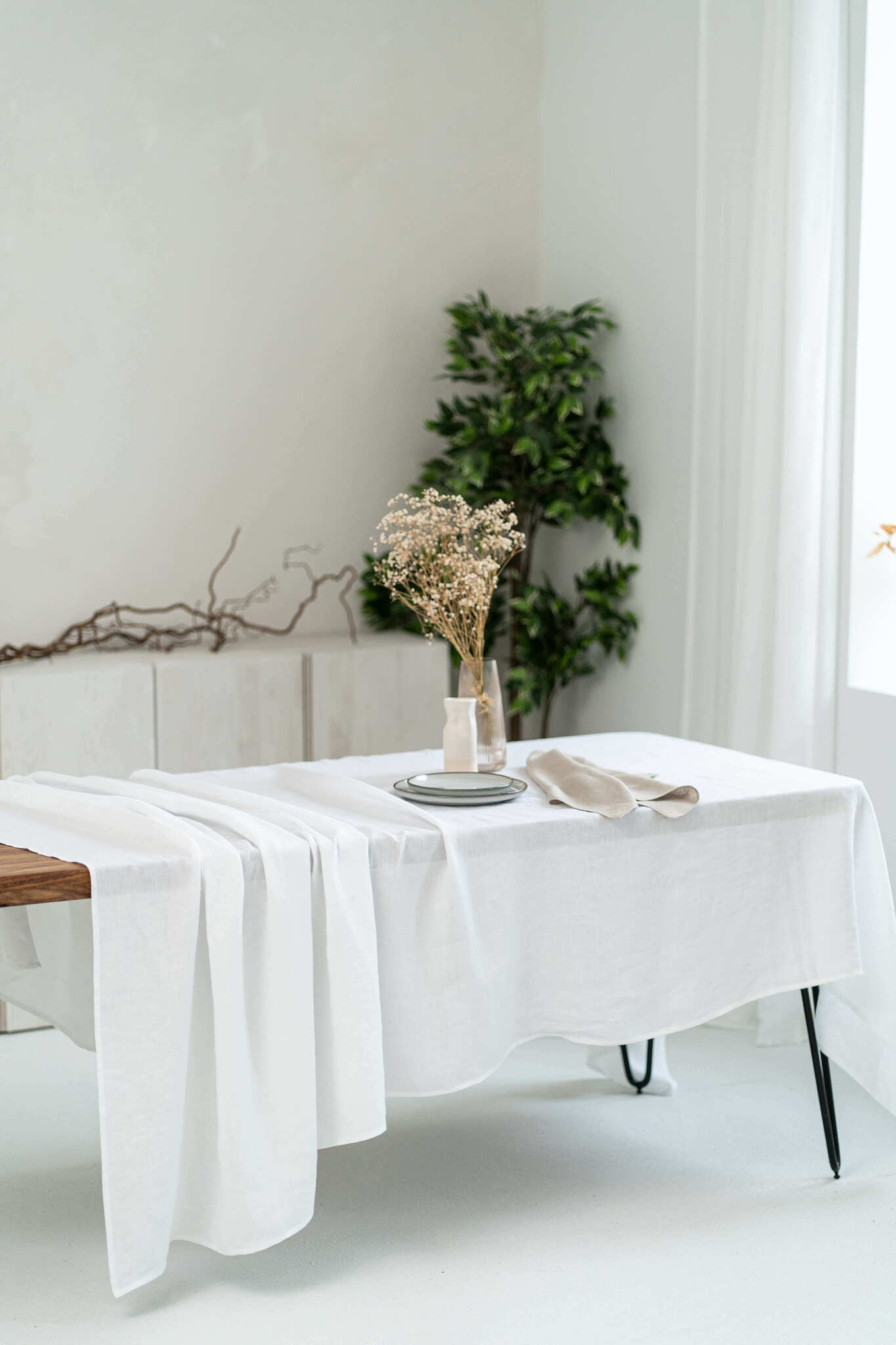Linen tablecloth in white color