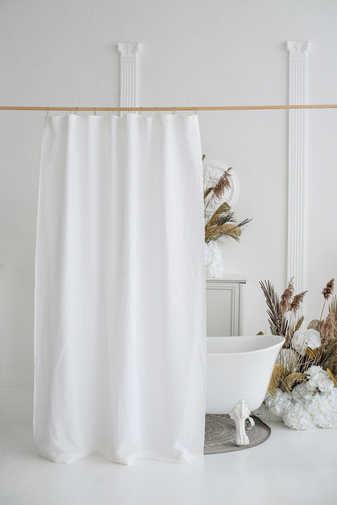 White waterproof linen shower curtain